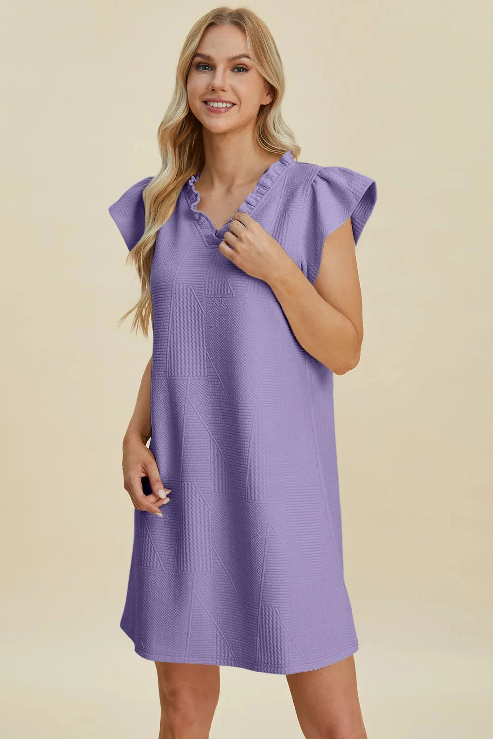 Double Take Women Ruffled V-Neck Cap Sleeve Dress Dresses jehouze 