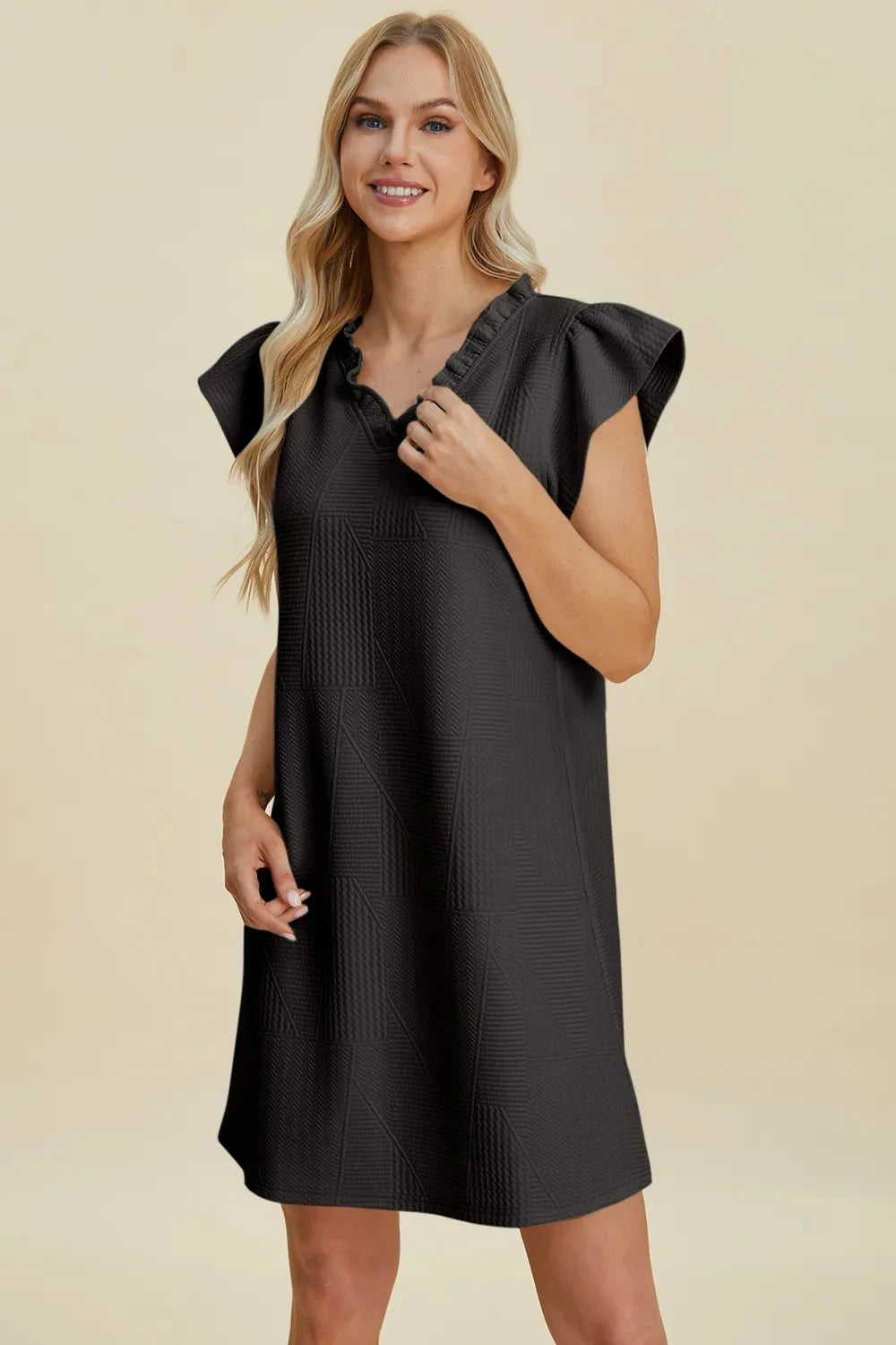Double Take Women Ruffled V-Neck Cap Sleeve Dress Dresses jehouze 