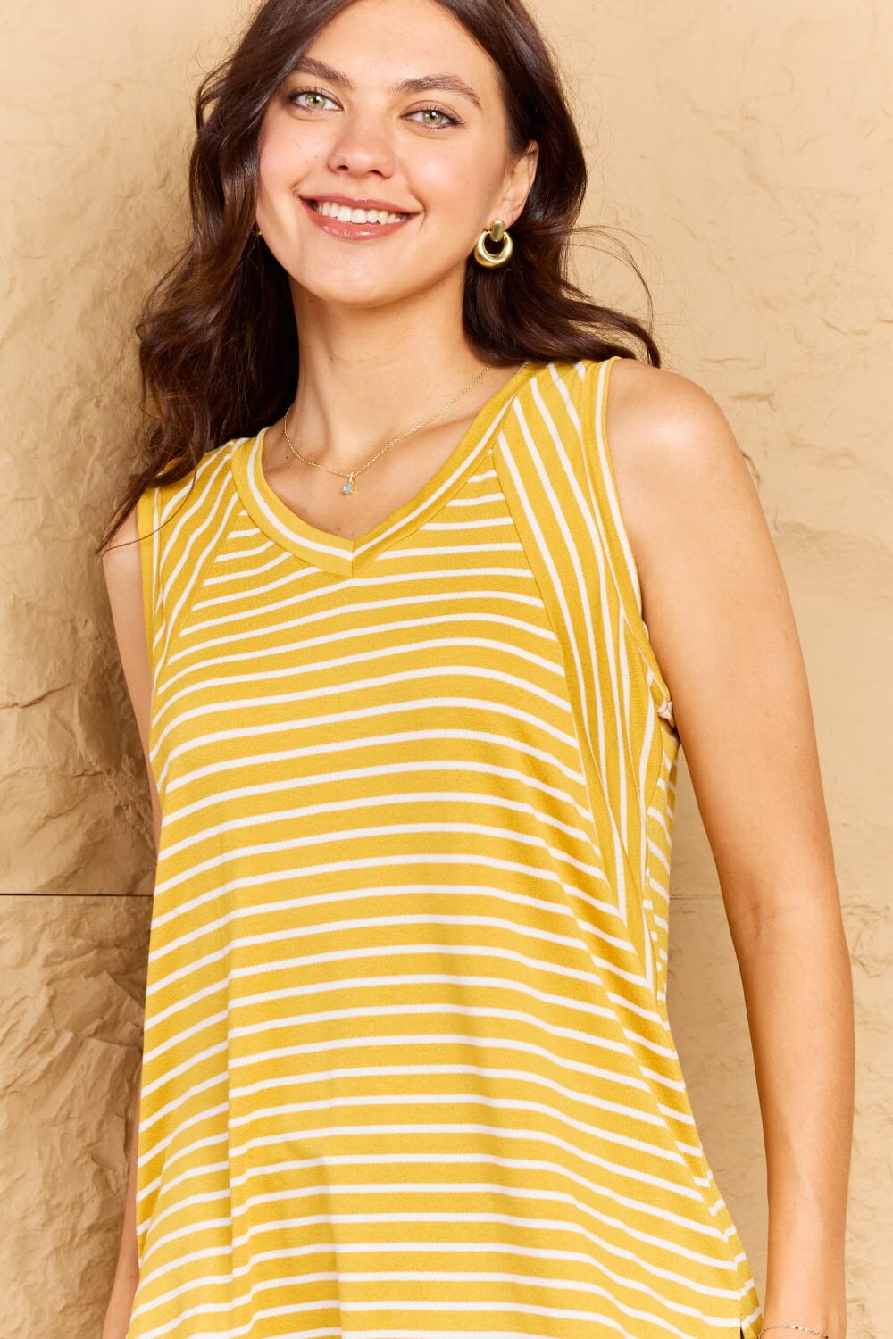 Doublju Yellow Striped Sleeveless V-Neck Top Shirts & Tops jehouze 