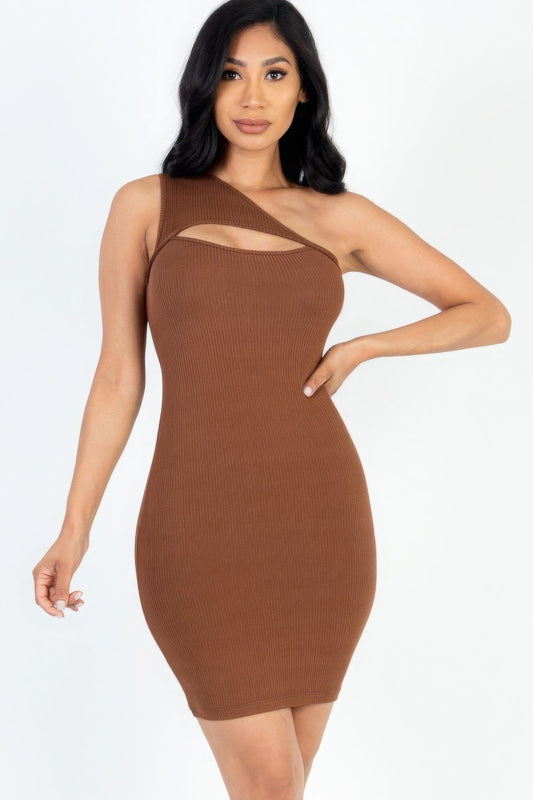 Downtown Brown Ribbed One Shoulder Cutout Front Mini Bodycon Dress Dresses jehouze S 
