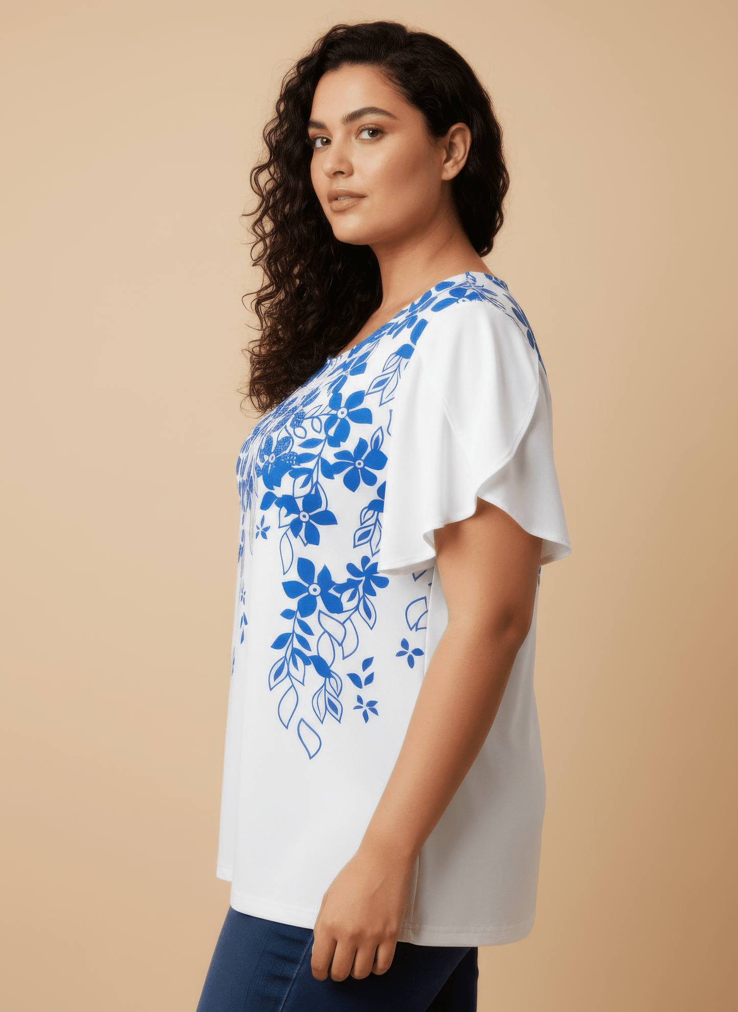 Floral Print Flutter Sleeve Knit Top jehouze 