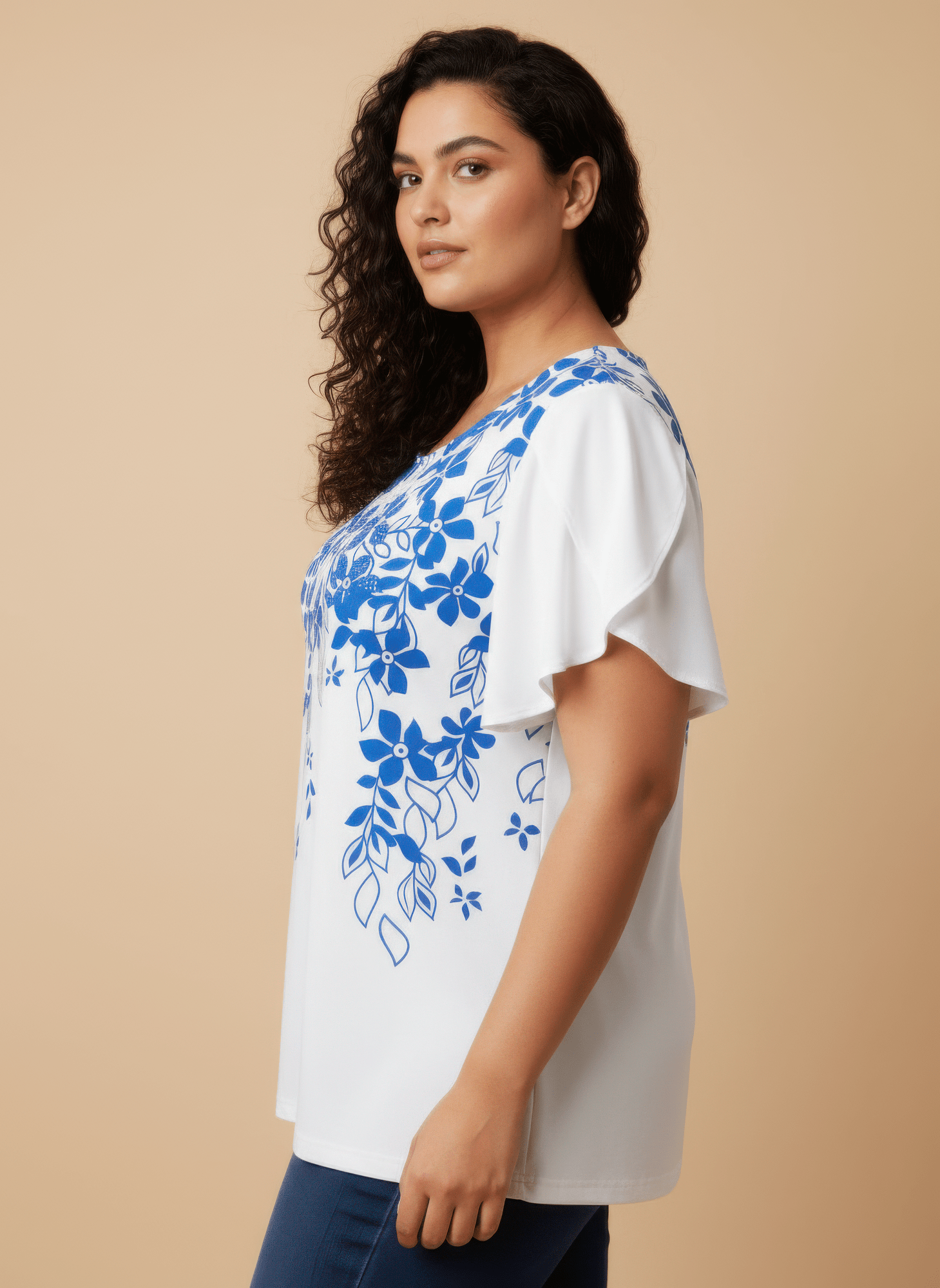 Floral Print Flutter Sleeve Knit Top jehouze 