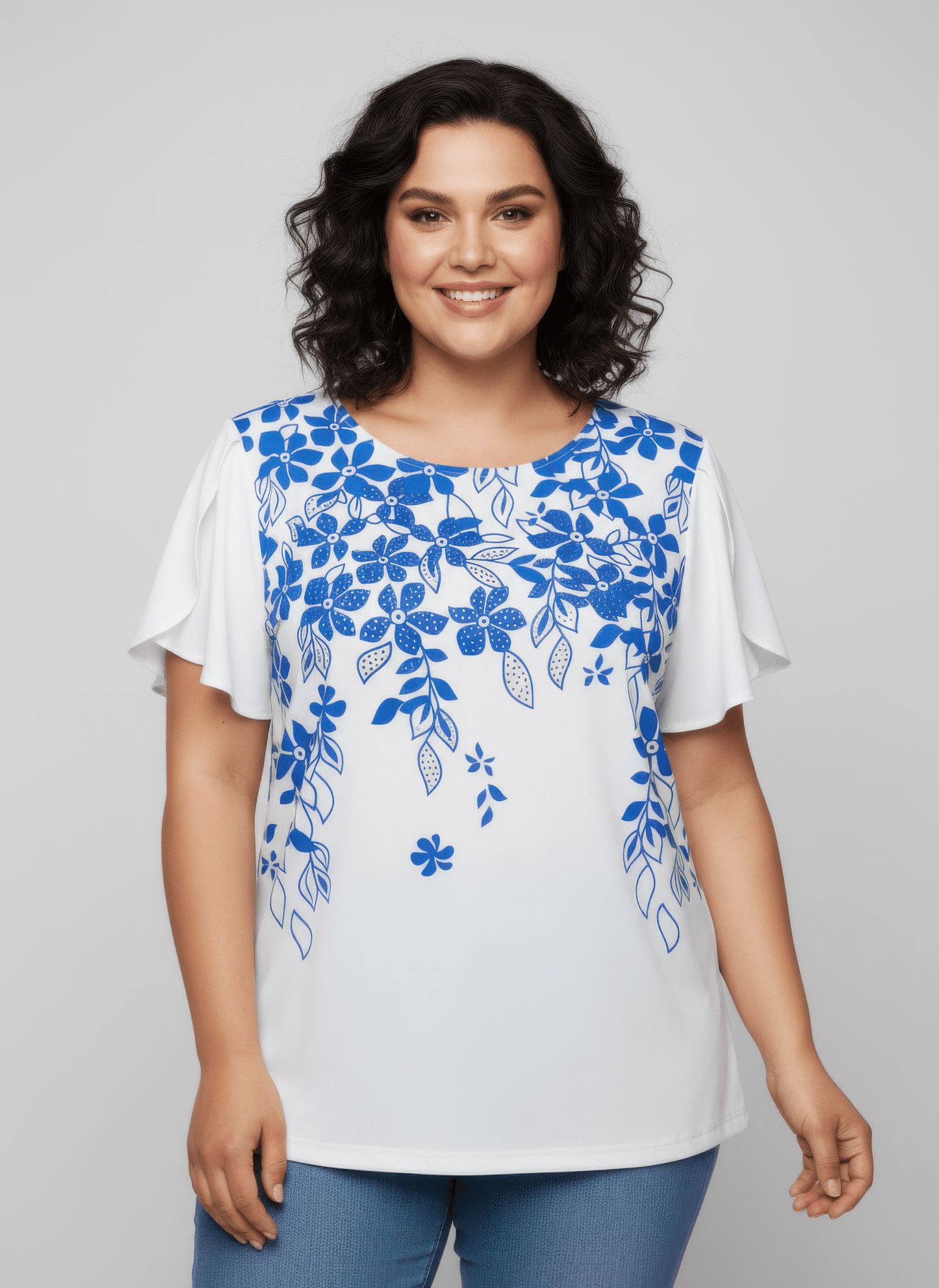Floral Print Flutter Sleeve Knit Top jehouze Blue XL 