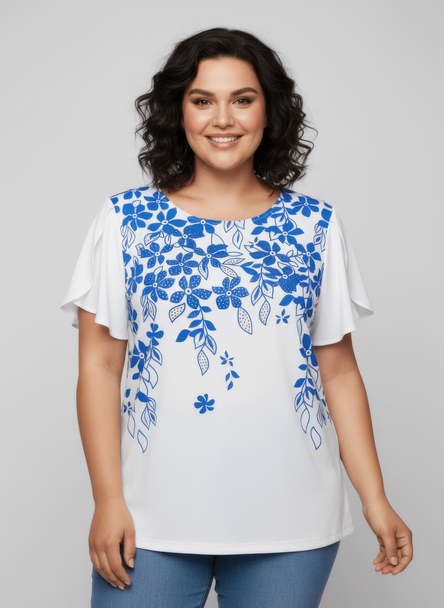 Floral Print Flutter Sleeve Knit Top jehouze Blue XL 