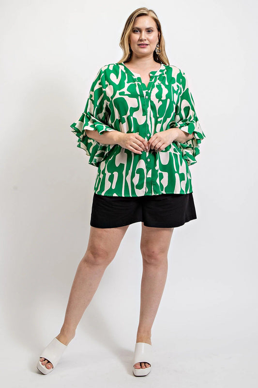 Geometric print ruffled bell sleeve woven top Shirts & Tops jehouze 