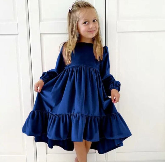 Girl Children Velvet Long Sleeve Ruffle Tiered A Line Swing Party Dress Baby & Toddler Dresses jehouze Blue S(7-8y) 
