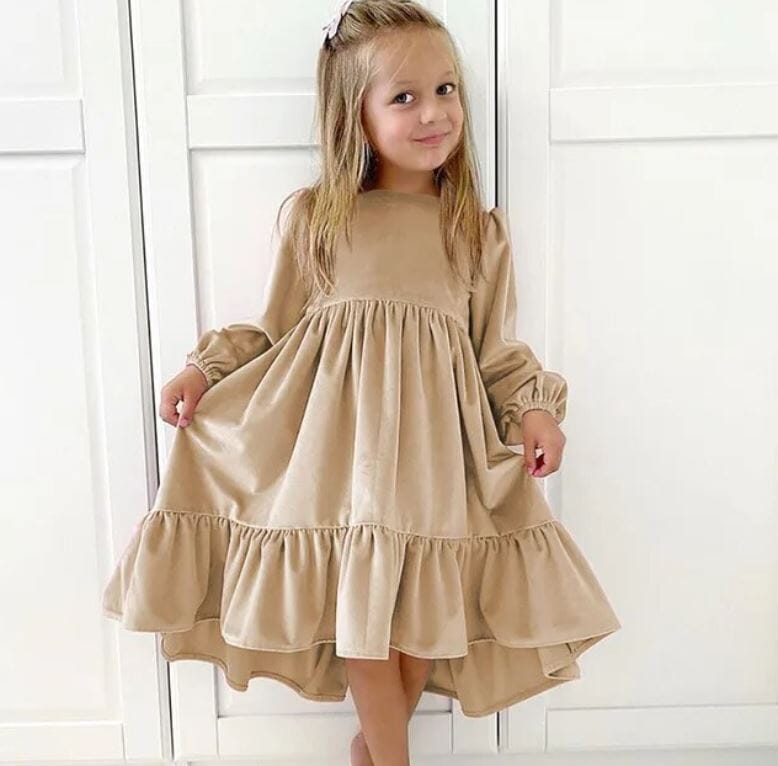 Girl Children Velvet Long Sleeve Ruffle Tiered A Line Swing Party Dress Baby & Toddler Dresses jehouze Khaki S(7-8y) 