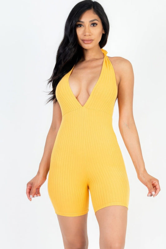 Gold Yellow Casual Solid Halter V Neck Ribbed Bodycon Romper Jumpsuits & Rompers jehouze S 