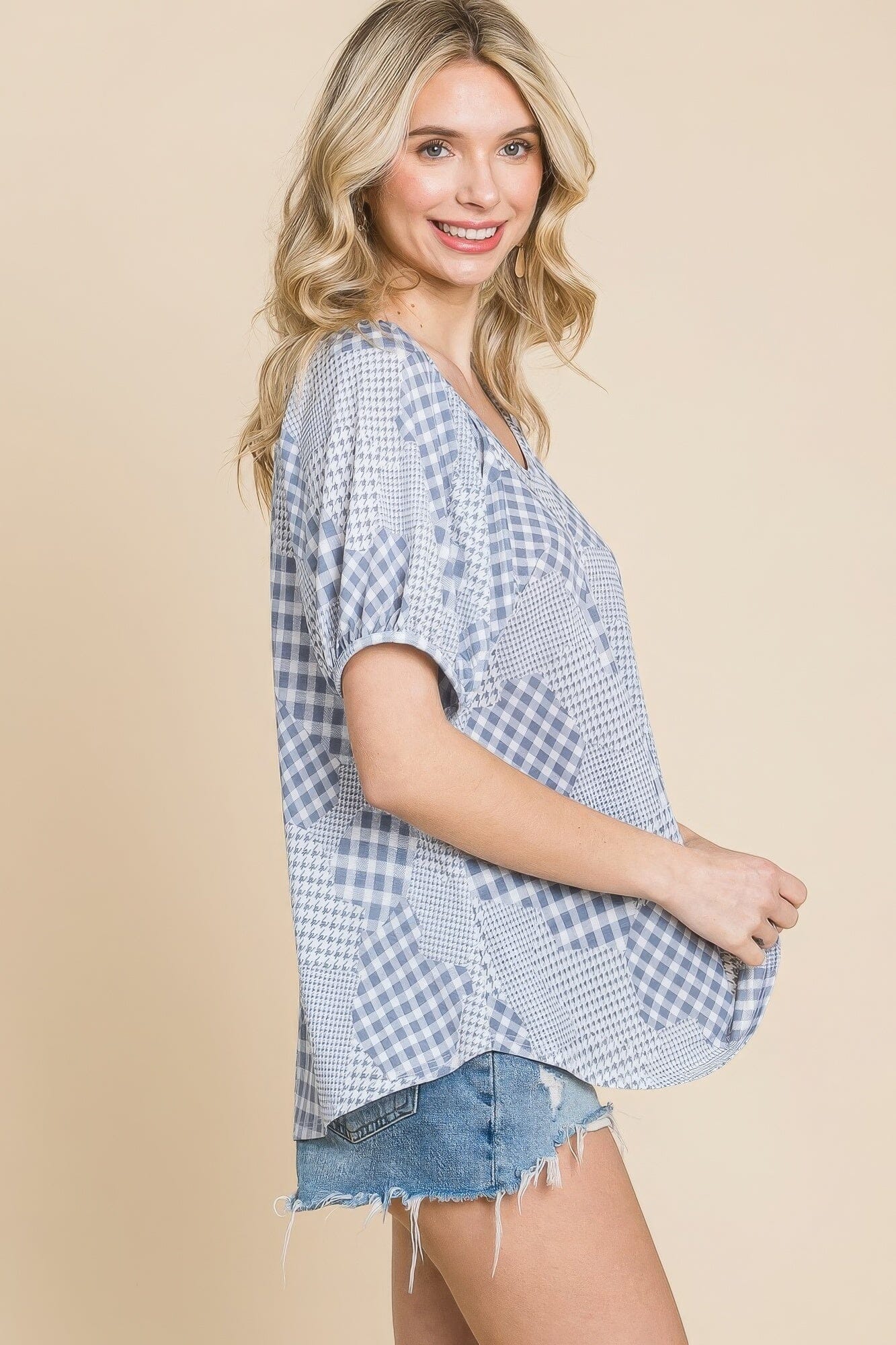 Grey Check Plaid Short Bubble Sleeves Round Neck Top Shirts & Tops jehouze 