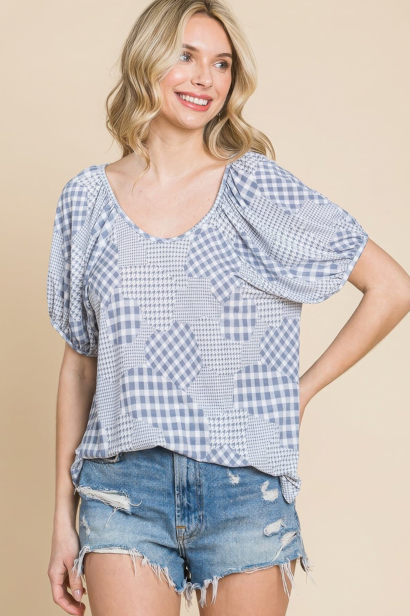 Grey Check Plaid Short Bubble Sleeves Round Neck Top Shirts & Tops jehouze 