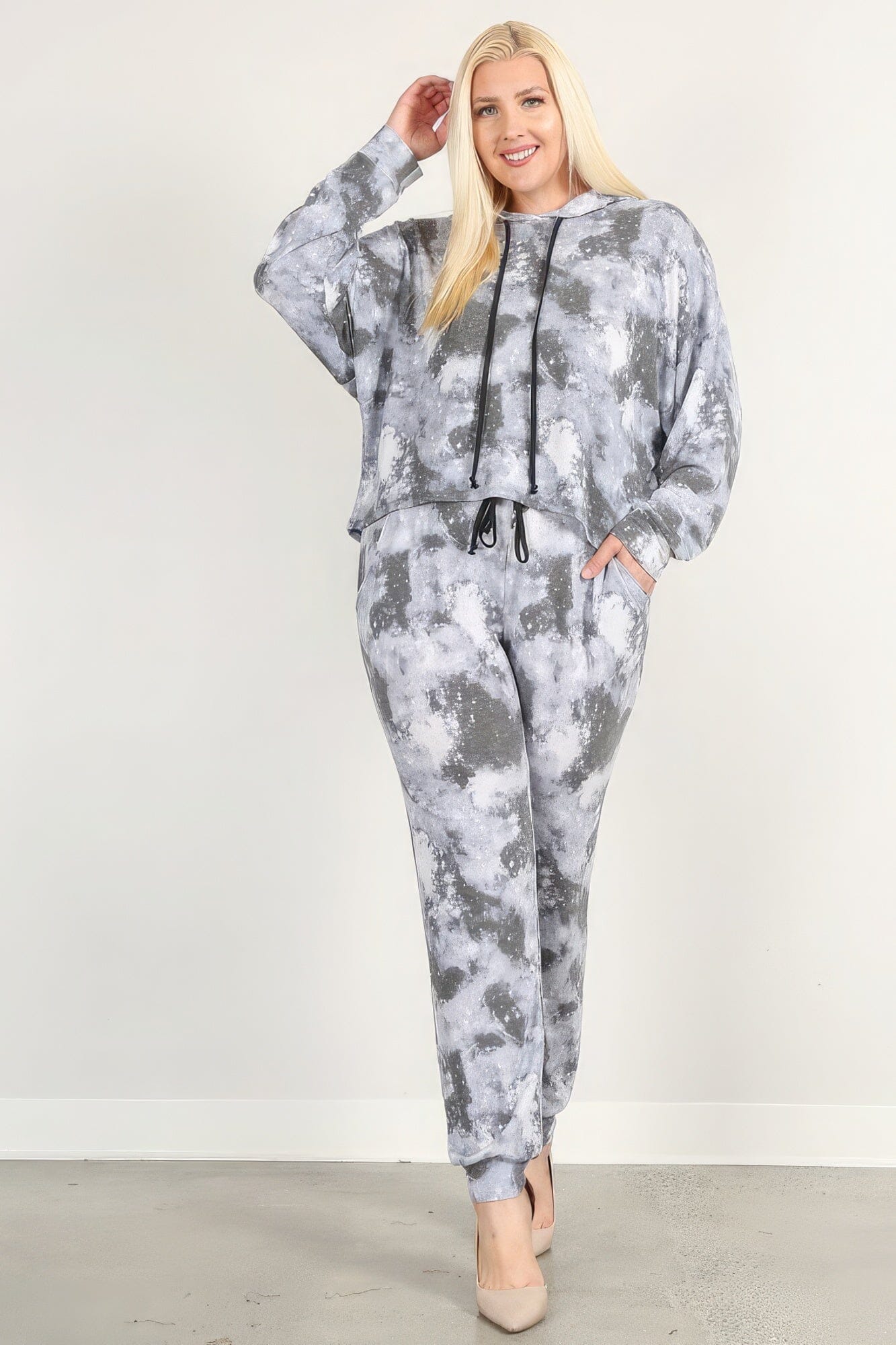 Grey Tie Dye Print Pullover Hoodie And Sweatpants activewear set Outfit Sets jehouze 1XL 