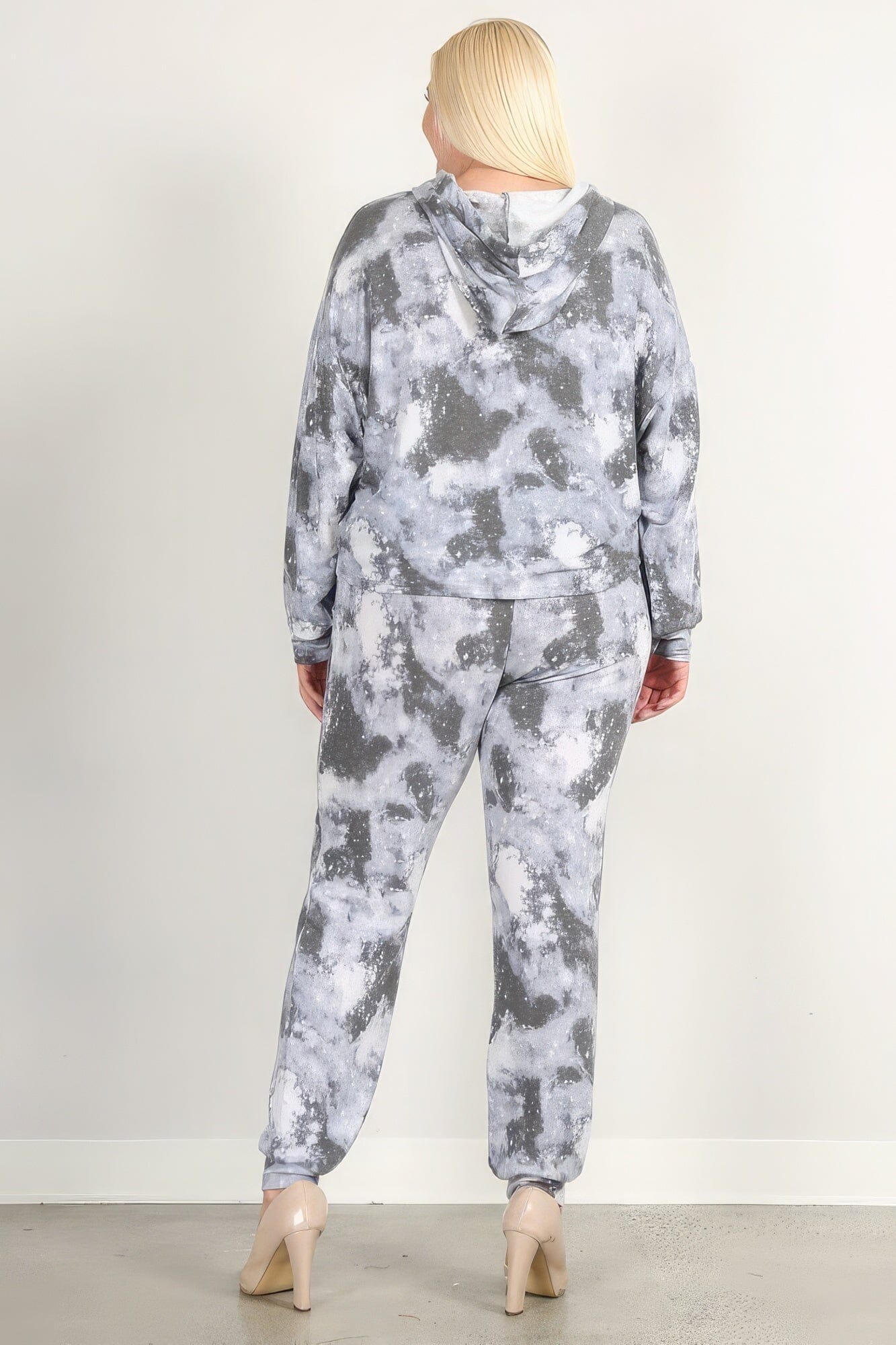 Grey Tie Dye Print Pullover Hoodie And Sweatpants activewear set Outfit Sets jehouze 