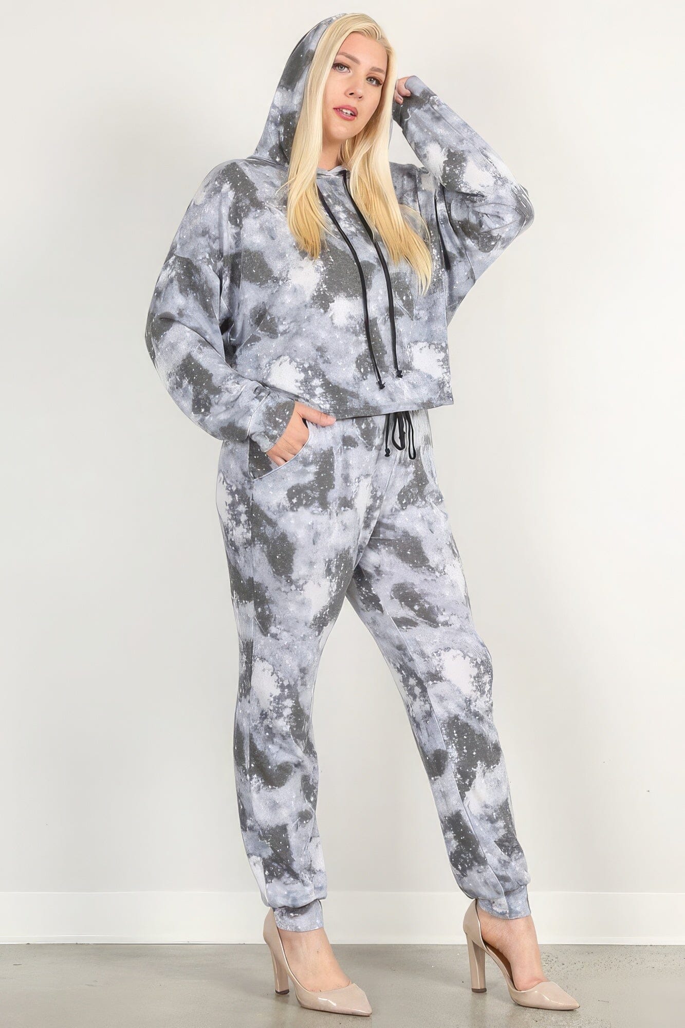 Grey Tie Dye Print Pullover Hoodie And Sweatpants activewear set Outfit Sets jehouze 