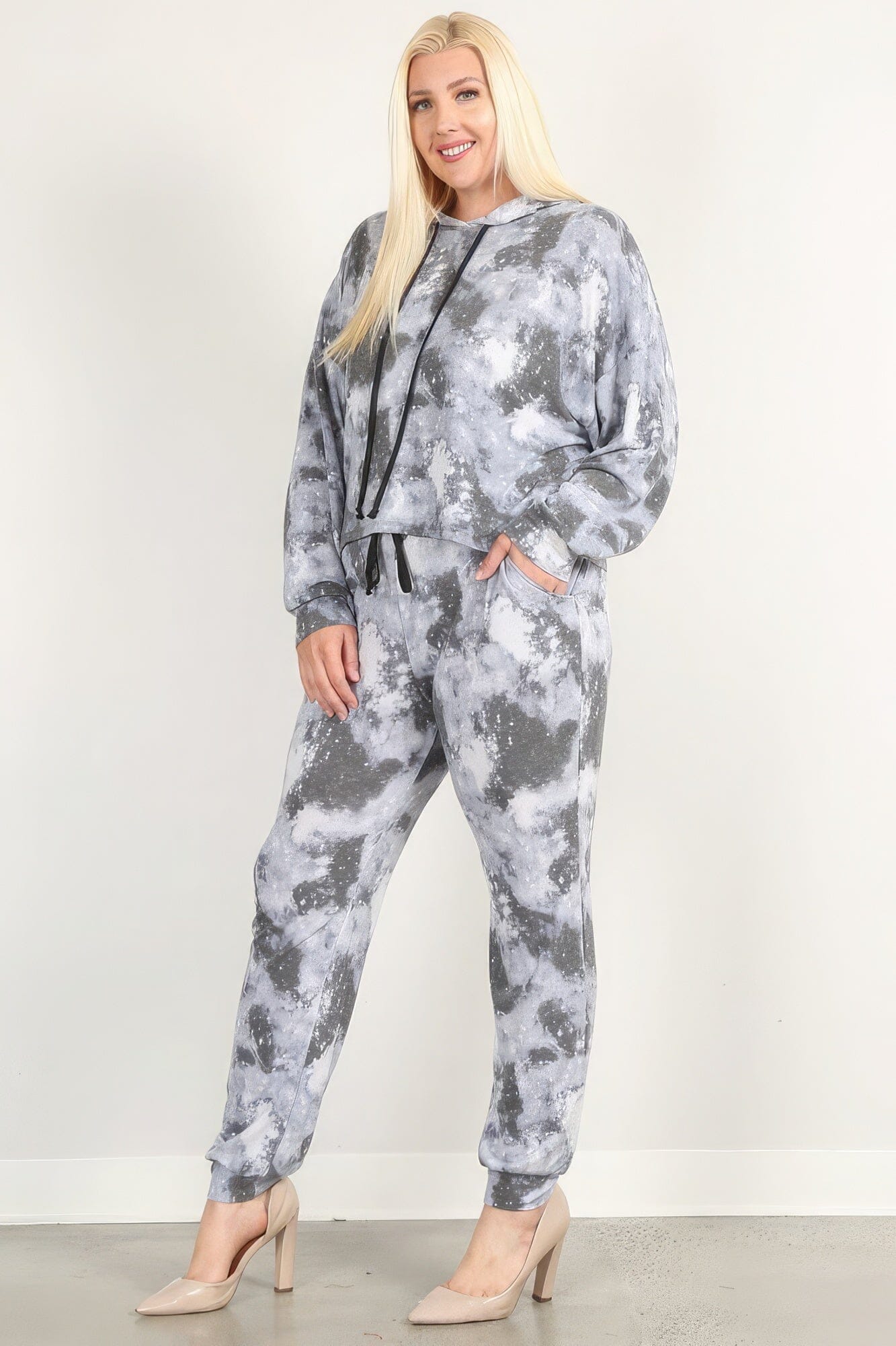 Grey Tie Dye Print Pullover Hoodie And Sweatpants activewear set Outfit Sets jehouze 