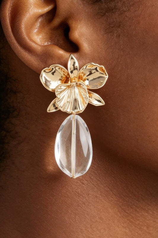 Hammered Blooming Orchid Drop Earrings Apparel & Accessories > Jewelry > Earrings jehouze Gold Clear 