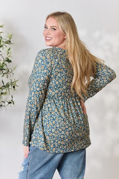 Heimish Dusty Teal Multi Floral Half Button Long Sleeve Blouse Shirts & Tops jehouze 