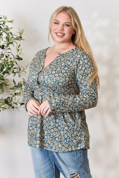 Heimish Dusty Teal Multi Floral Half Button Long Sleeve Blouse Shirts & Tops jehouze 
