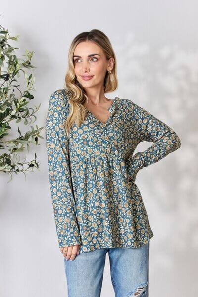 Heimish Dusty Teal Multi Floral Half Button Long Sleeve Blouse Shirts & Tops jehouze Dusty Teal Multi S 