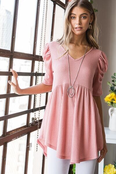 Heimish Rose Pink Waffle Knit V-Neck Babydoll Top Shirts & Tops jehouze ROSE S 
