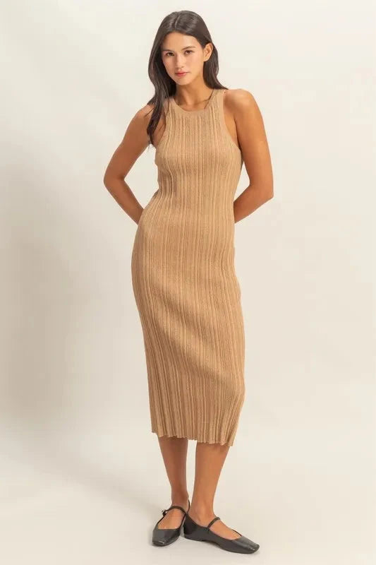 HYFVE Round Neck Bodycon Ribbed Knit Midi Dress Dresses jehouze DARK TAUPE S 