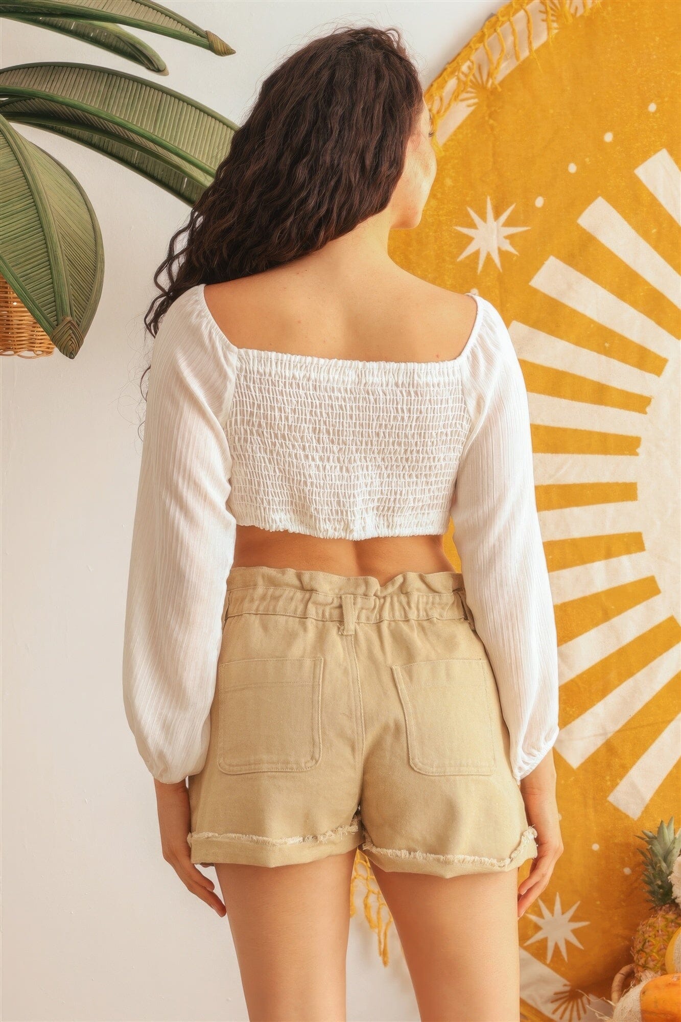 Ivory Puff Long Sleeve Smocked Back Crop Top Shirts & Tops jehouze 