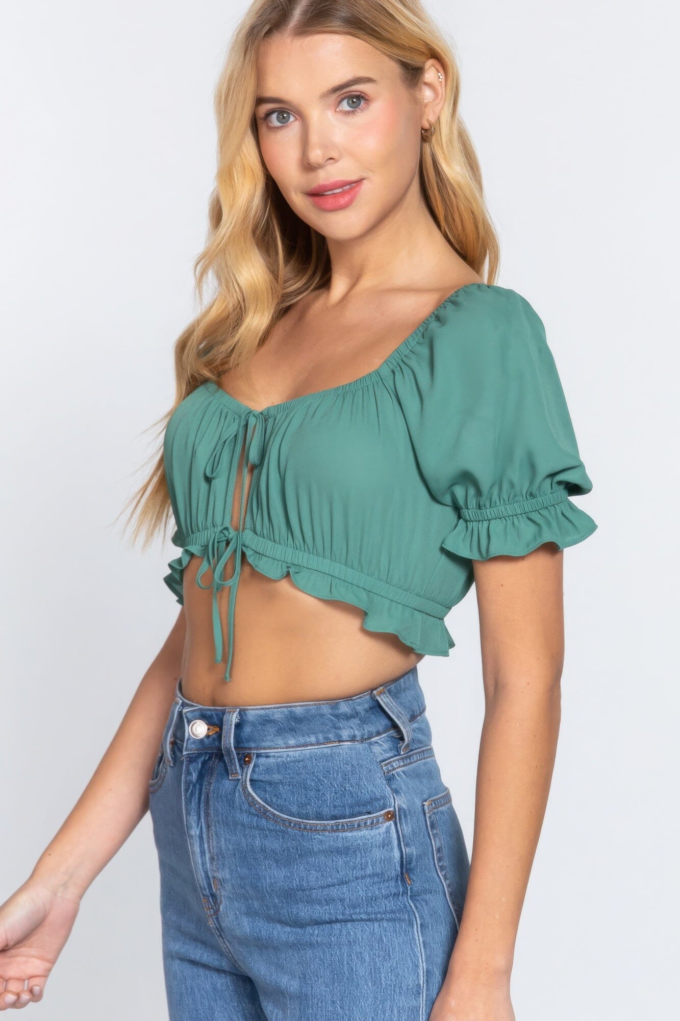 Jade Green Short Sleeve Print Crop Woven Top Shirts & Tops jehouze 