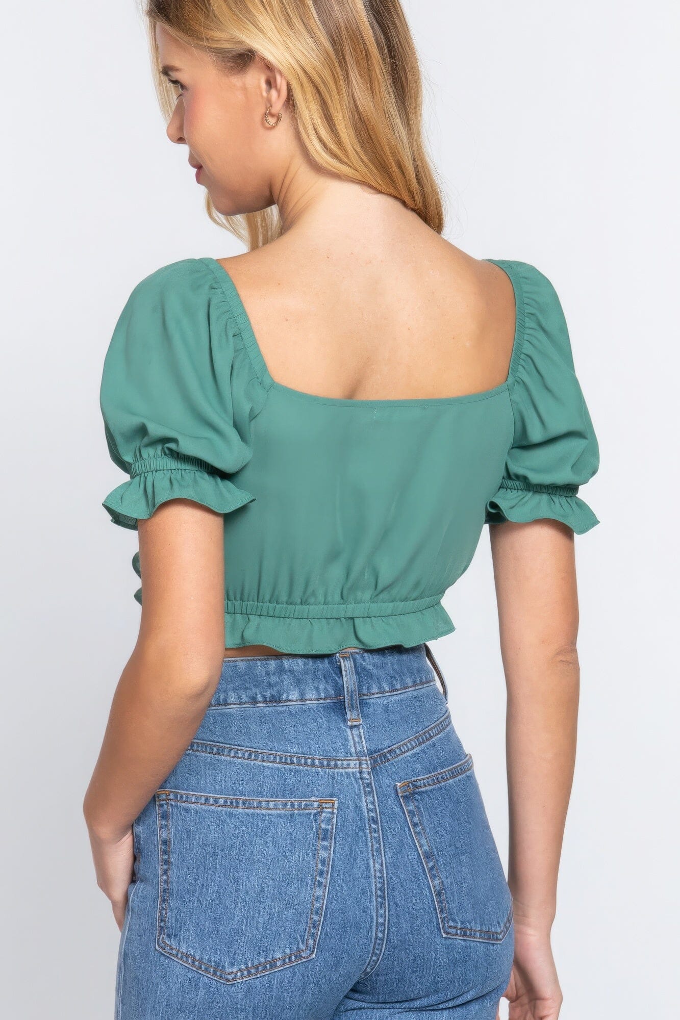 Jade Green Short Sleeve Print Crop Woven Top Shirts & Tops jehouze 