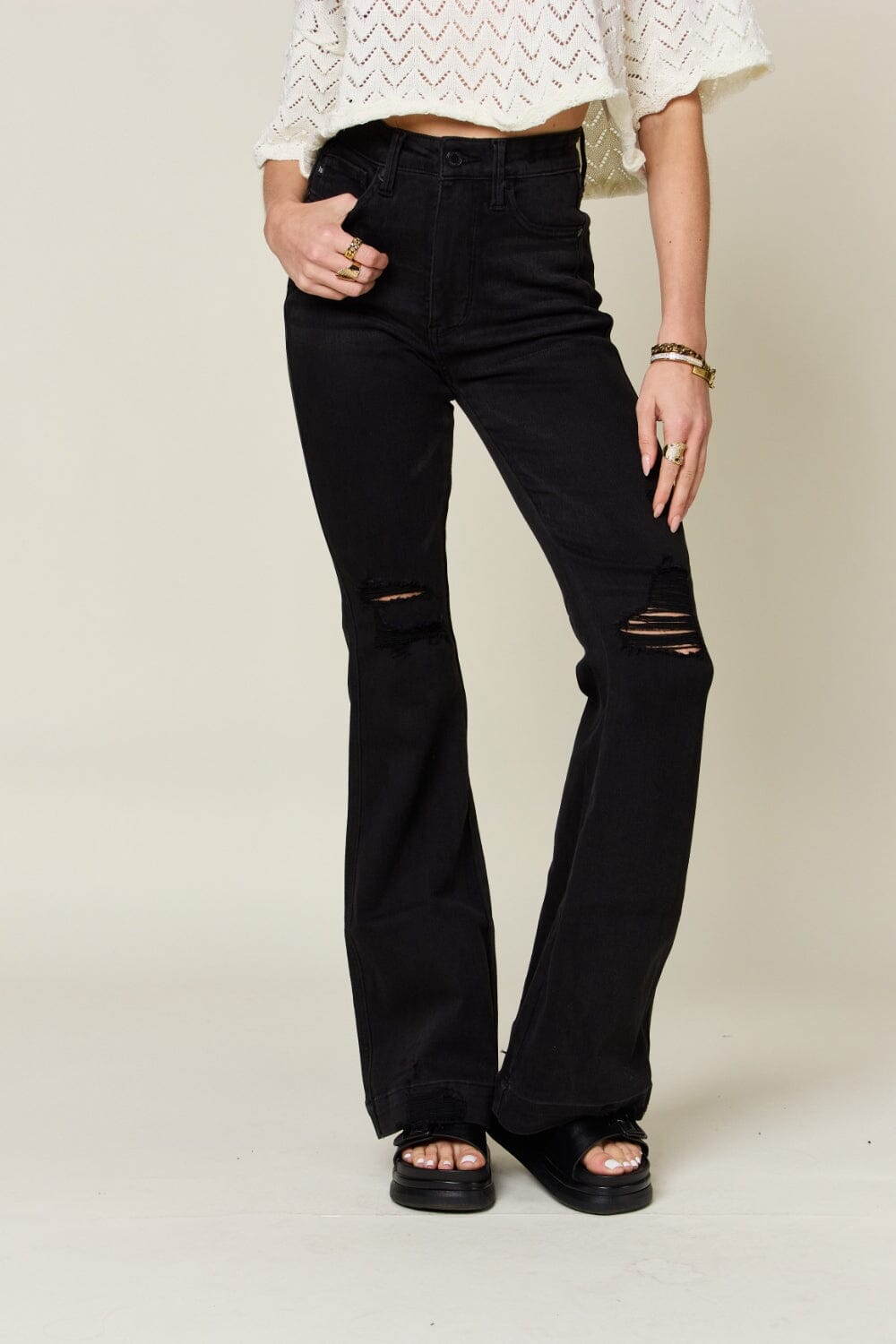 Judy Blue Black High Waist Distressed Flare Jeans jeans jehouze 