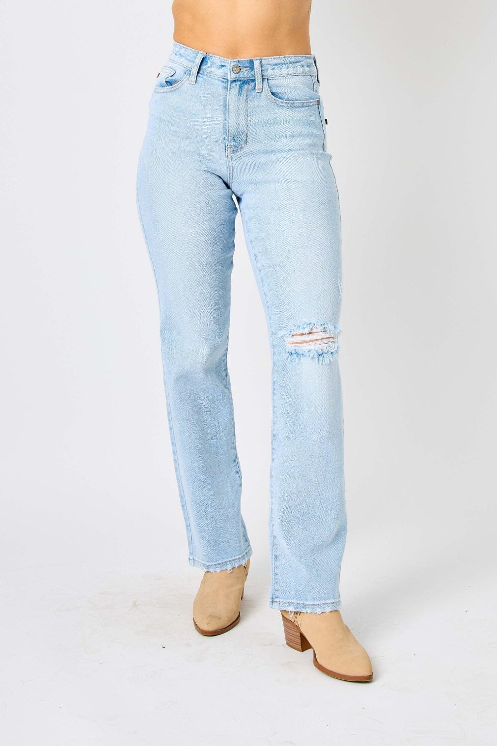 Judy Blue Light Blue High Waist Distressed Straight Jeans jeans jehouze Light 0(24) 
