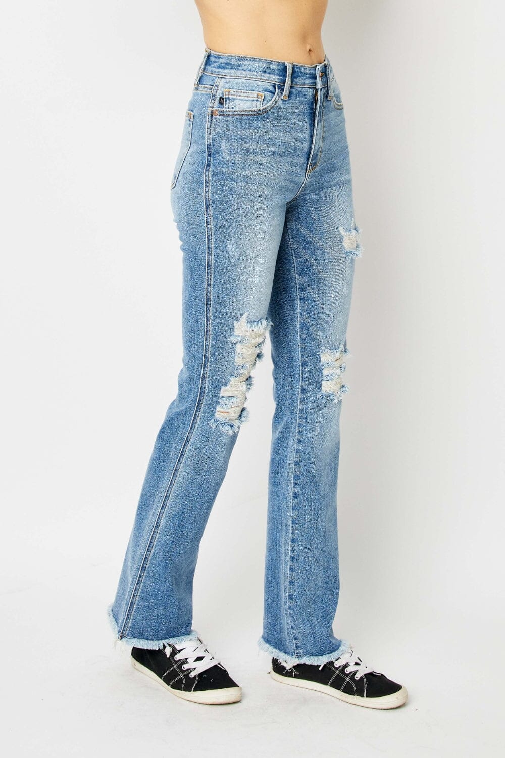 Judy Blue Medium Blue Distressed Raw Hem Bootcut Jeans jeans jehouze 