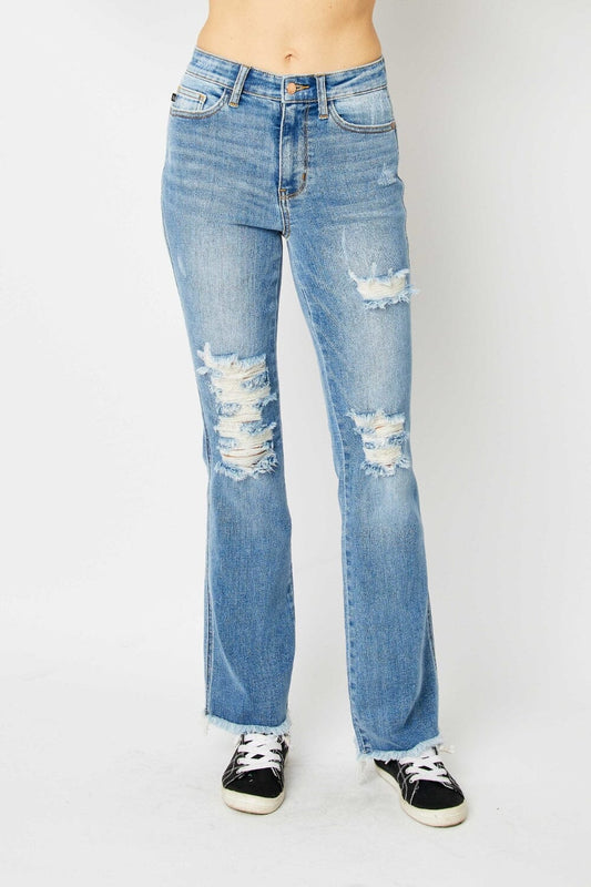 Judy Blue Medium Blue Distressed Raw Hem Bootcut Jeans jeans jehouze Medium 0(24) 