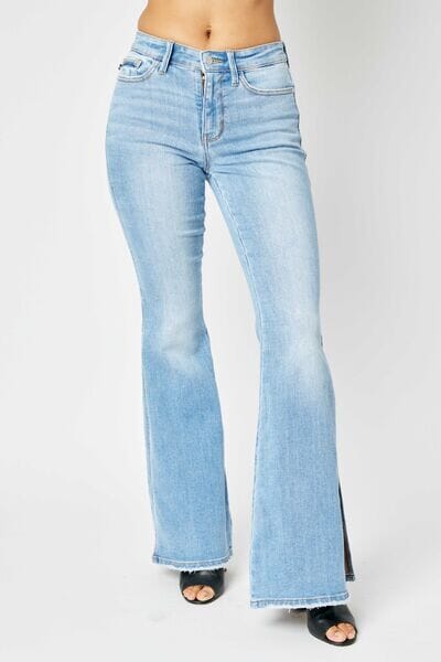 Judy Blue Medium Blue Mid Rise Raw Hem Slit Flare Jeans jeans jehouze Medium 1(25) 
