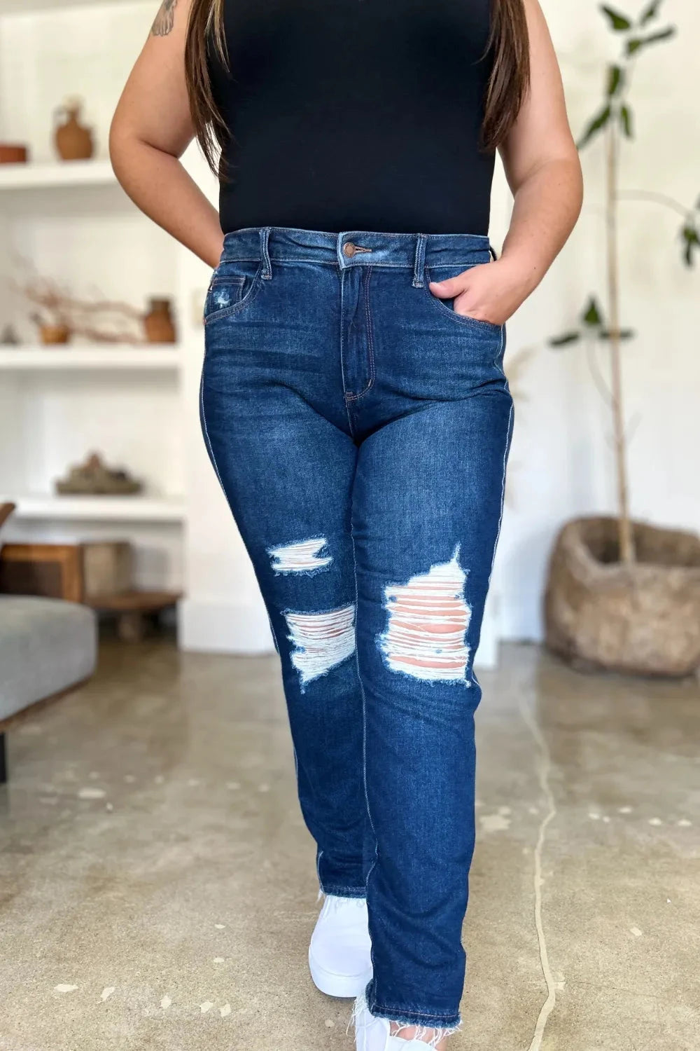 Judy Blue Plus Size High Waist Rigid Magic Heavy Destroy Straight Jeans jeans jehouze 