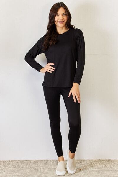 JULIA Black Round Neck Long Sleeve T-Shirt and Leggings Loungewear Set Sleepwear & Loungewear jehouze BLACK S 