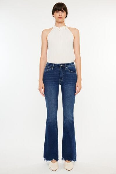 Kancan Dark Blue Cat's Whiskers Raw Hem Flare Jeans jeans jehouze 