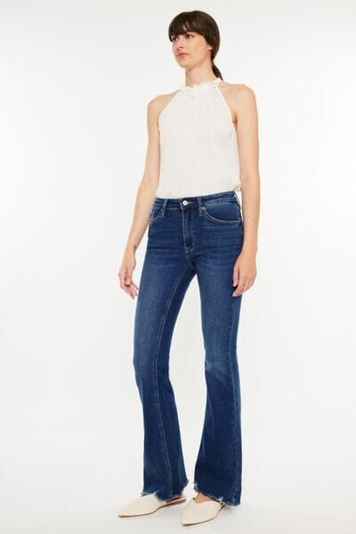 Kancan Dark Blue Cat's Whiskers Raw Hem Flare Jeans jeans jehouze 