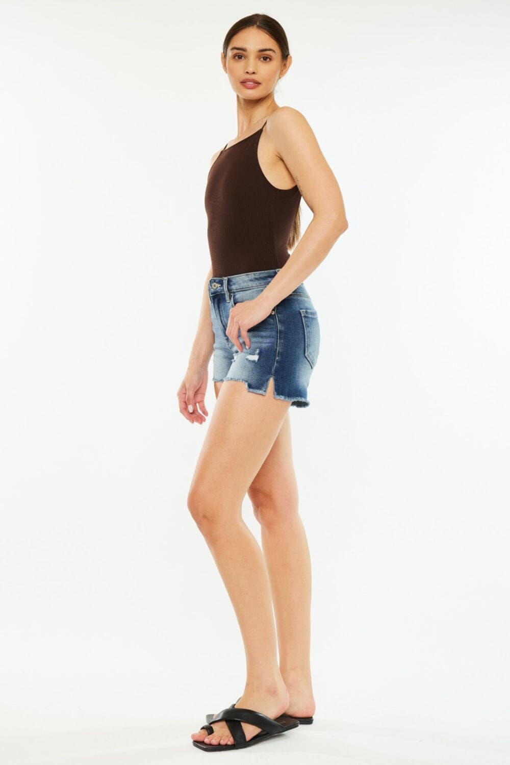 Kancan Dark Blue High Waist Raw Hem Denim Shorts Shorts jehouze 