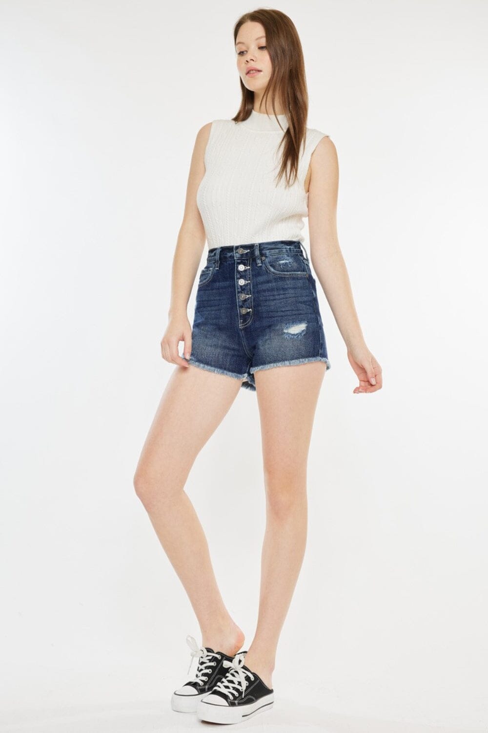 Kancan Dark Blue Raw Hem Button Fly Denim Shorts jeans jehouze 