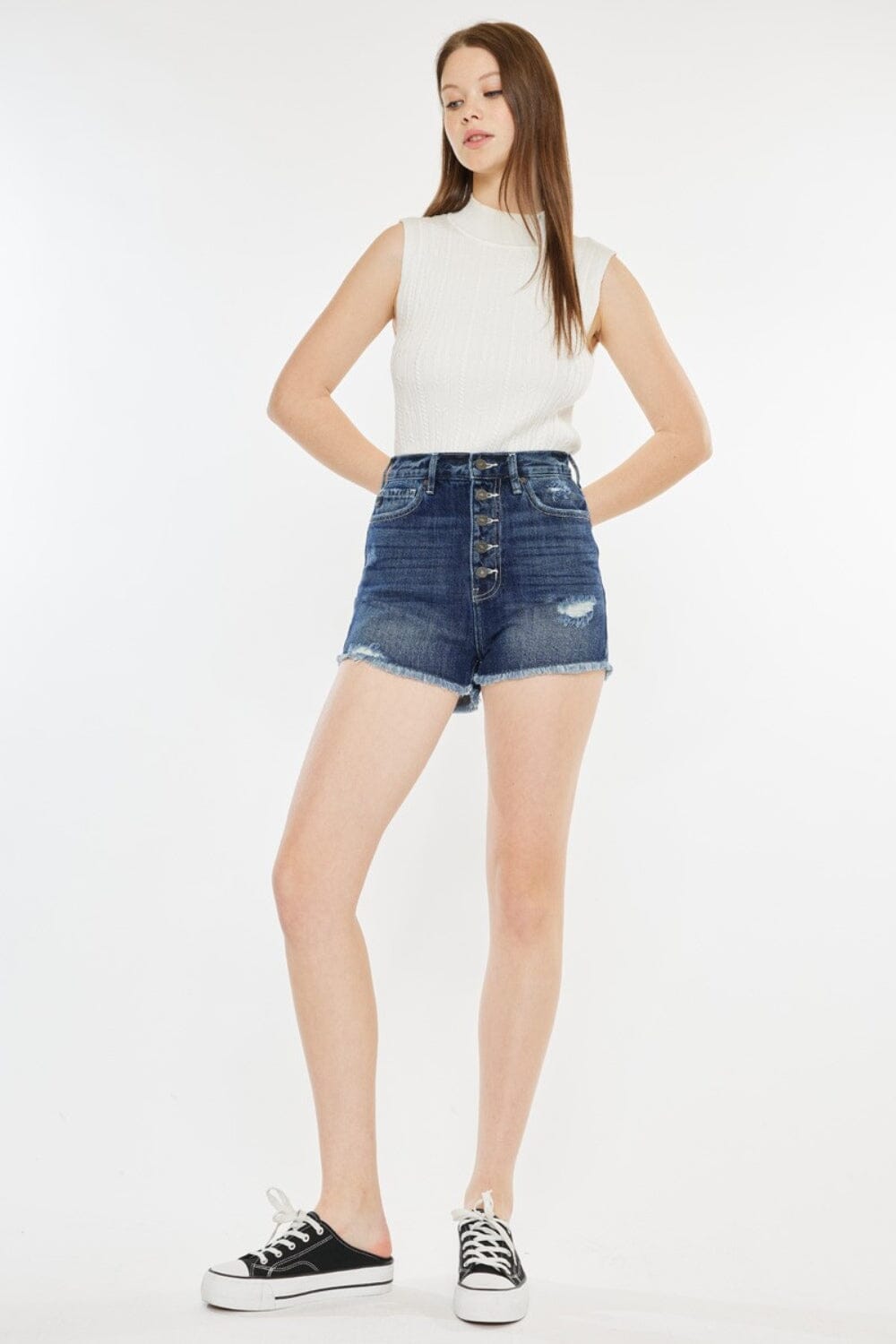 Kancan Dark Blue Raw Hem Button Fly Denim Shorts jeans jehouze Dark S 