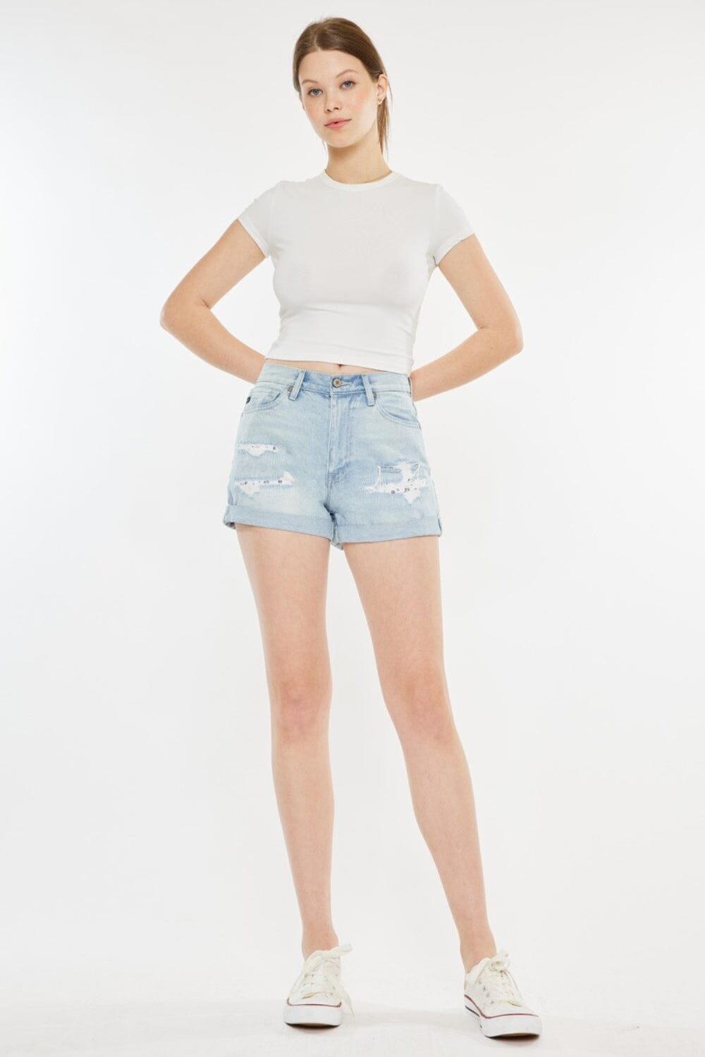 Kancan Light Blue High Rise Repaired Mom Denim Shorts jeans jehouze Light S 