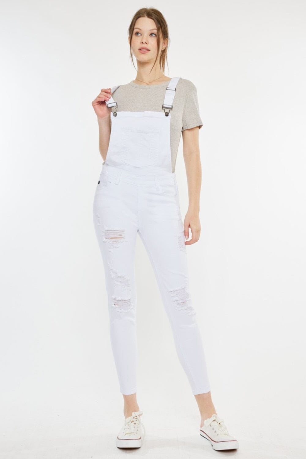 Kancan White Distressed Skinny Denim Overalls jeans jehouze White XS 
