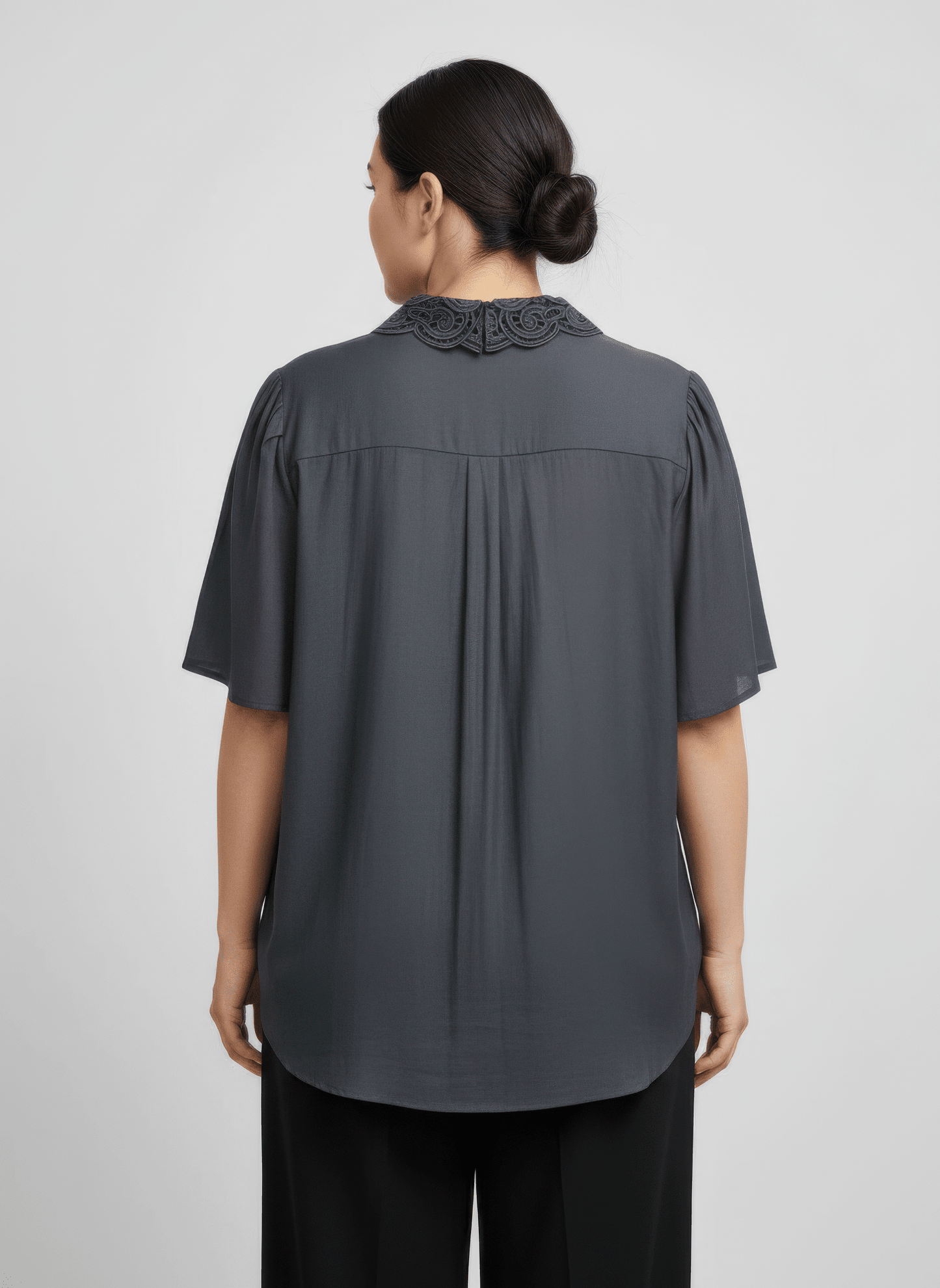 Lace Collar Button Detail Flutter Sleeve Top jehouze 