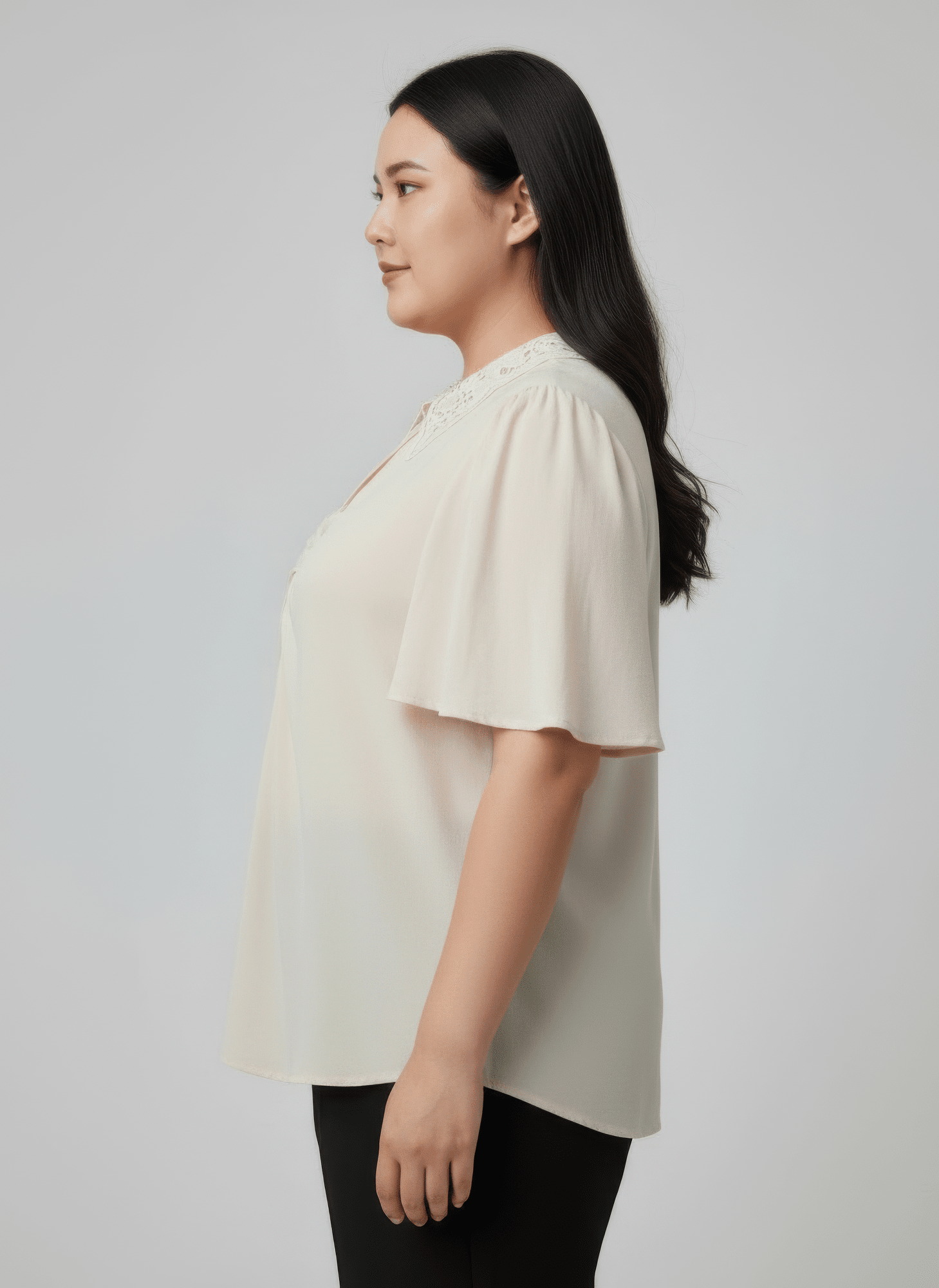 Lace Collar Button Detail Flutter Sleeve Top jehouze 