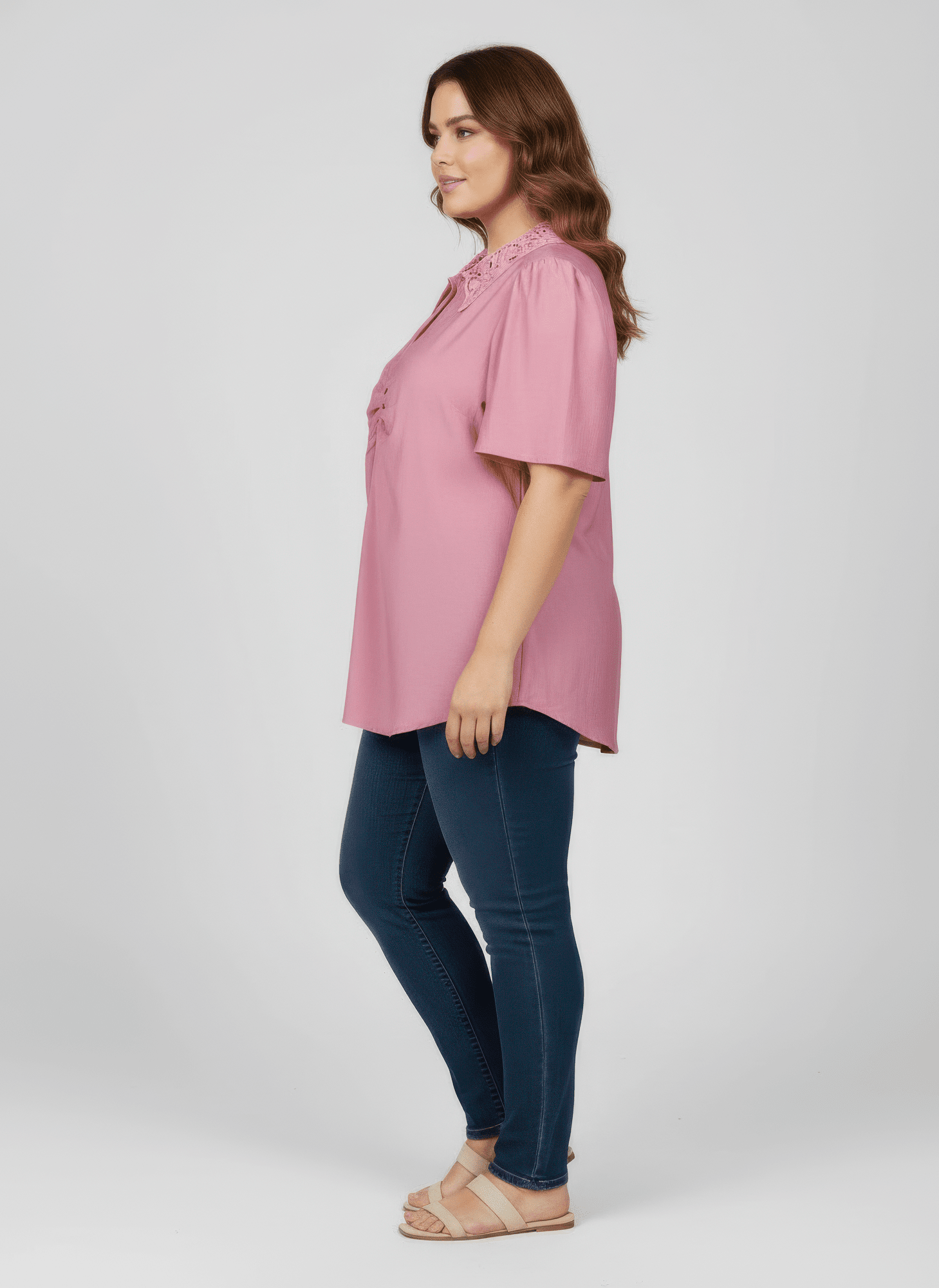 Lace Collar Button Detail Flutter Sleeve Top jehouze 