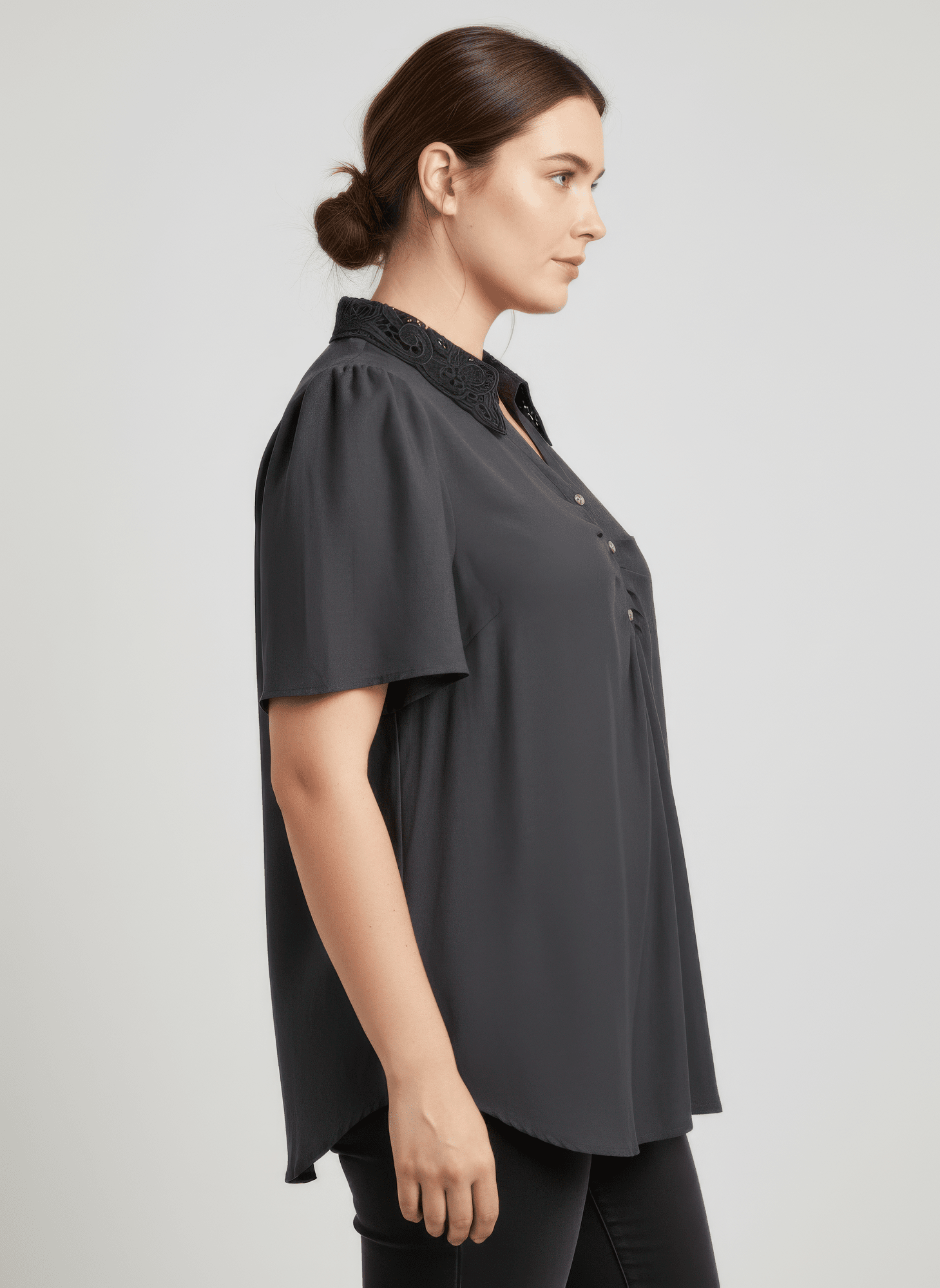 Lace Collar Button Detail Flutter Sleeve Top jehouze 