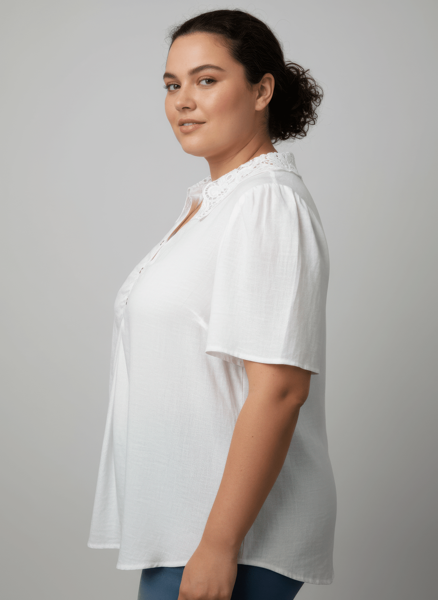 Lace Collar Button Detail Flutter Sleeve Top jehouze 