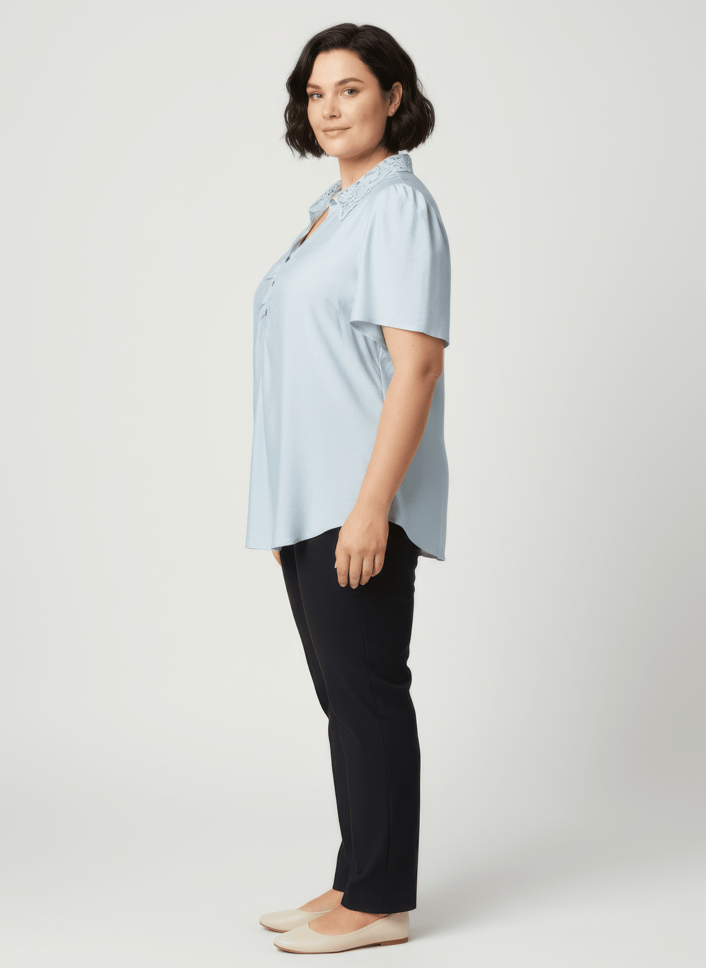 Lace Collar Button Detail Flutter Sleeve Top jehouze 