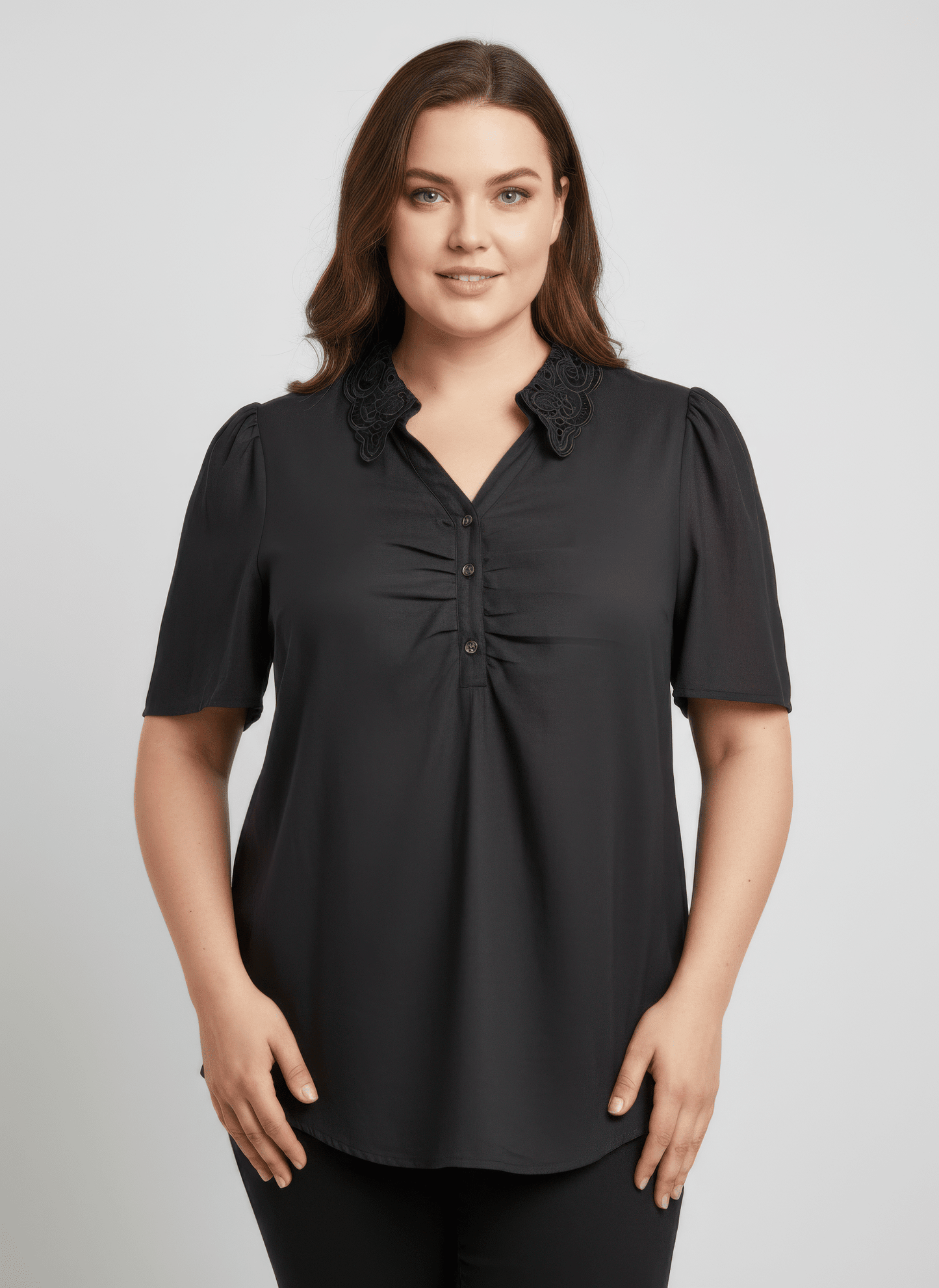 Lace Collar Button Detail Flutter Sleeve Top jehouze Grey XL 