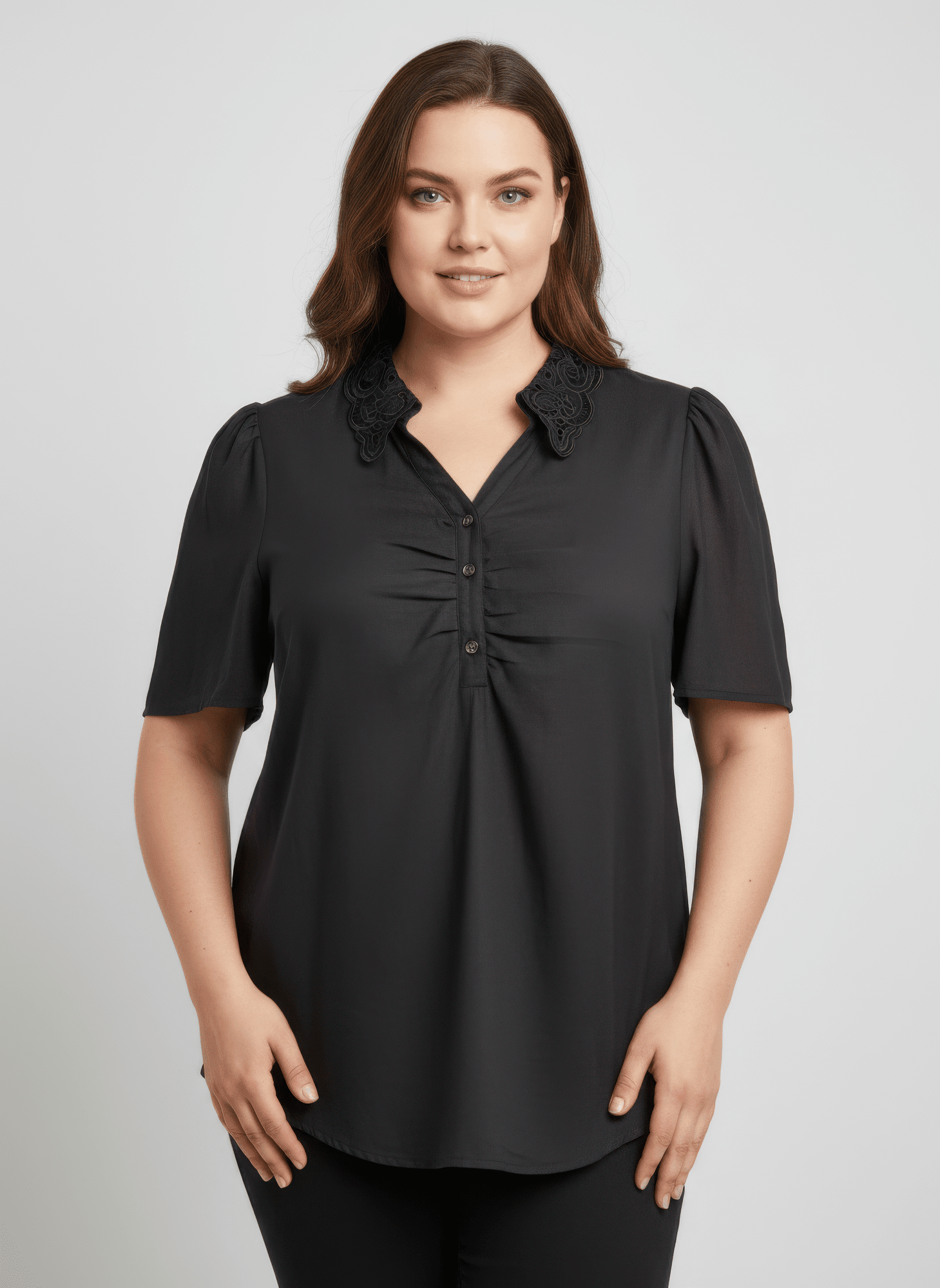 Lace Collar Button Detail Flutter Sleeve Top jehouze Grey XL 