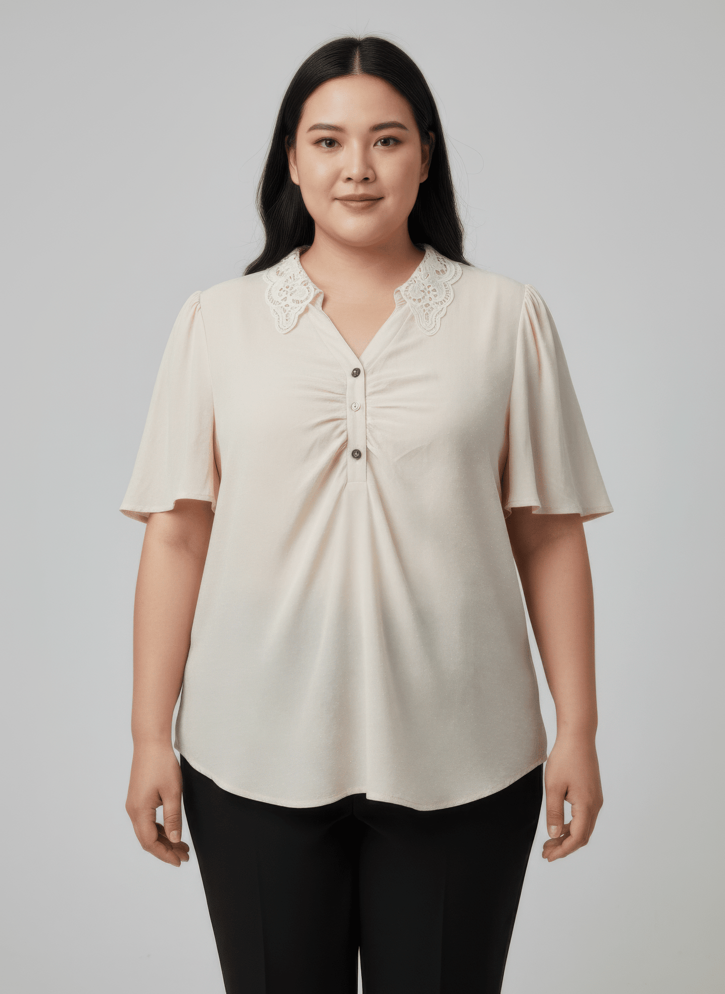 Lace Collar Button Detail Flutter Sleeve Top jehouze Ivory XL 